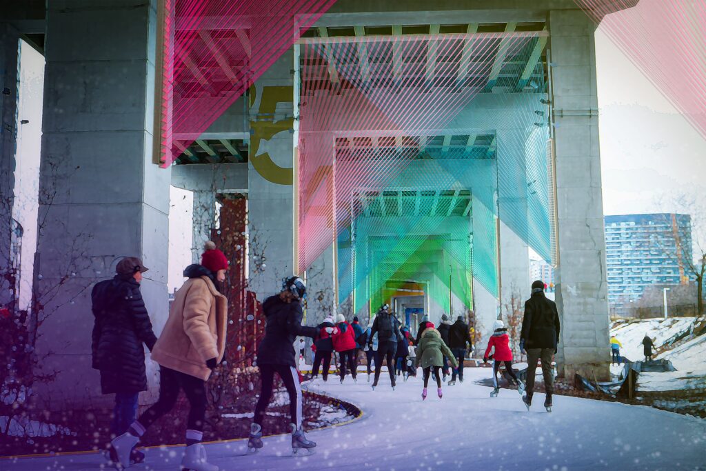 Artist rendering of weaving installation installed under the Gardiner with people skating under it.