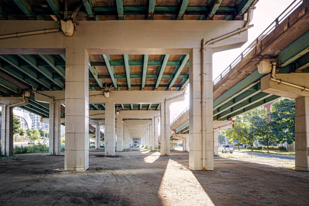 Wide lens shot of currently unutilized space under the Gardiner.