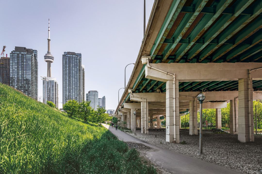 Side view of The Bentway from a park just north of the Gardiner.