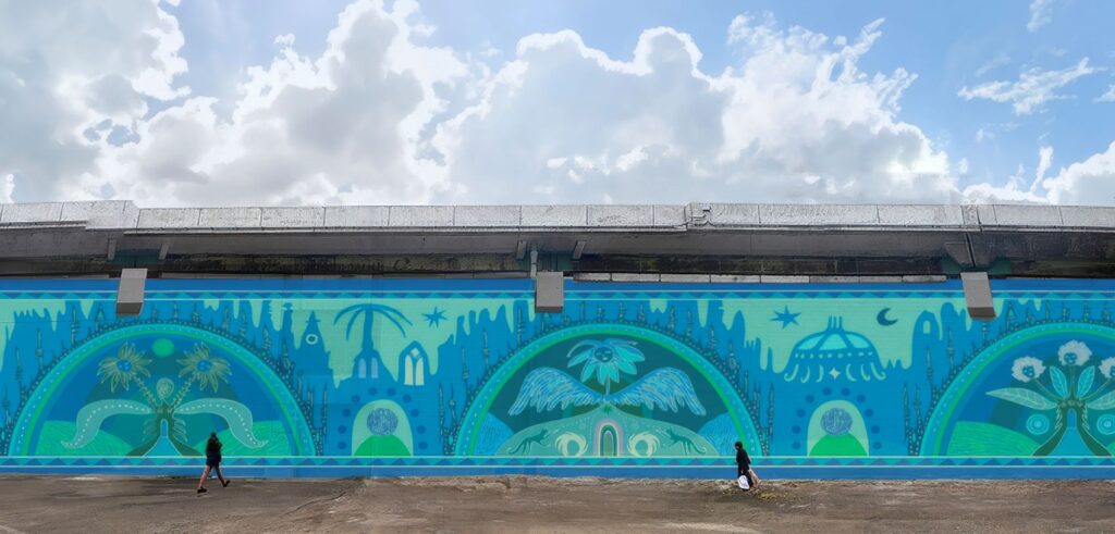 Render of Petal and Stone, a 10,000 sq foot mural with swirling turquoise and blue patterns.