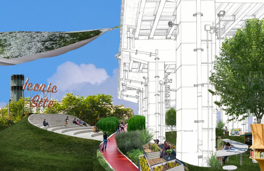 Multi-media graphic depicting a grassy area beside an expressway that utilizes shade to create social connection