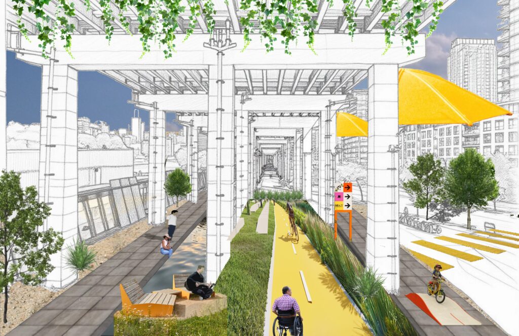 Digital graphic showing people gathering in shaded areas beneath an overpass, highlighting how shade supports social activity