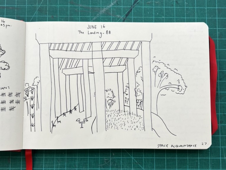 A drawing on a shaded area under the Gardiner Expressway